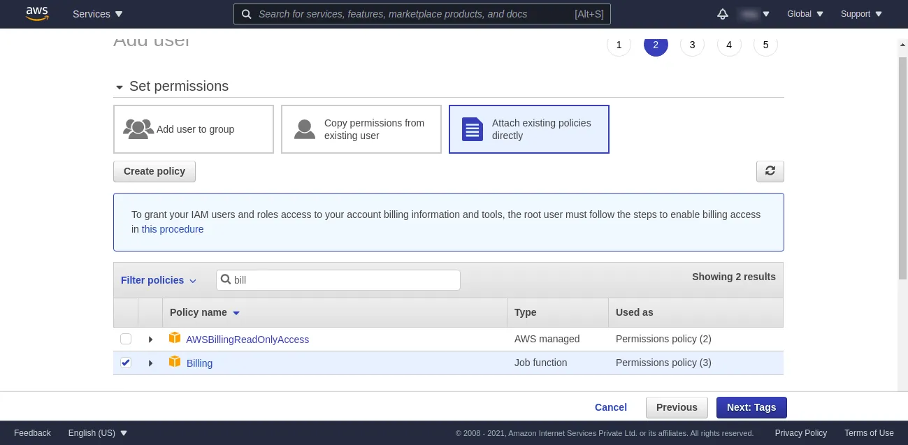 AWS access Create user Billing